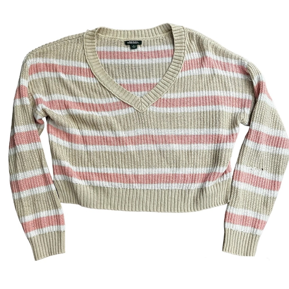 Wild Fable V-Neck Striped Long Sleeve Ribbed Sweater size SmallPink White Beige